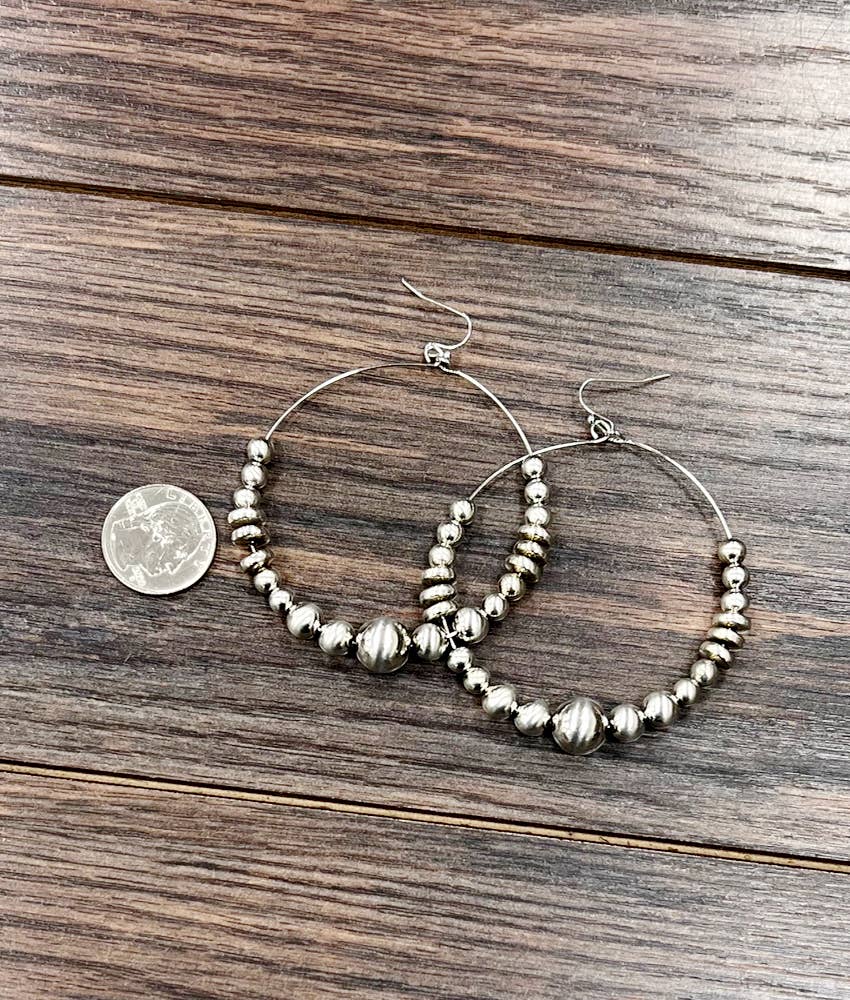 726218, Handmade Silver Navajo Bead Hoop Earrings