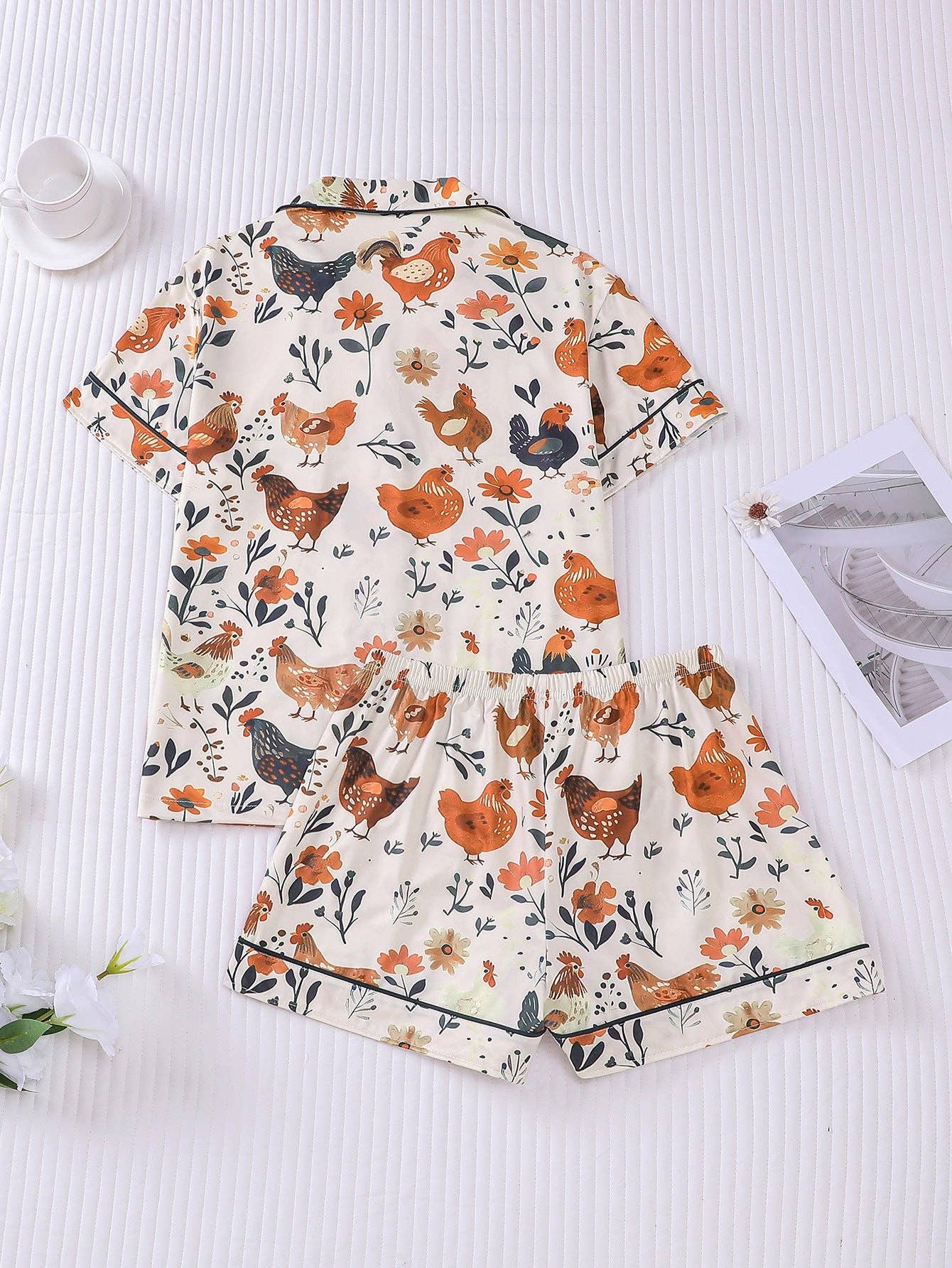Floral Chicken Print Pajama Set: Small