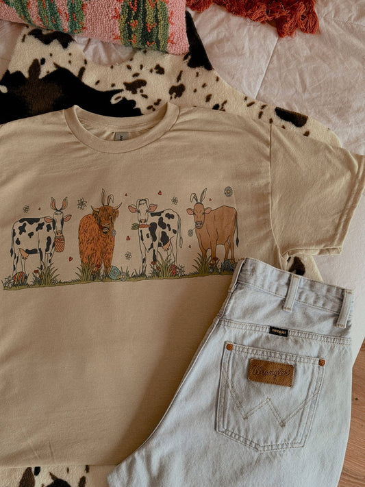 PRETTY EASTER COWS: Sand / Small / Crewneck