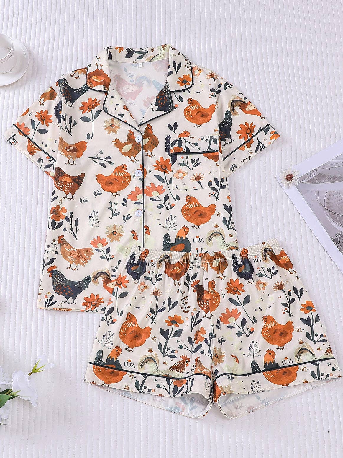Floral Chicken Print Pajama Set: Small