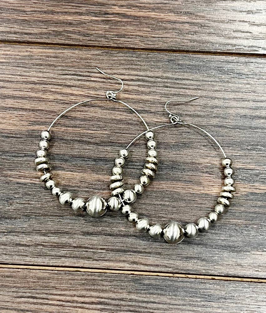 726218, Handmade Silver Navajo Bead Hoop Earrings