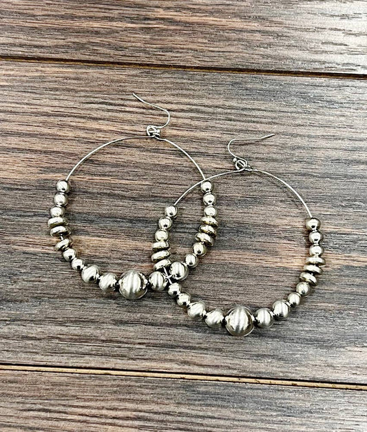 726218, Handmade Silver Navajo Bead Hoop Earrings