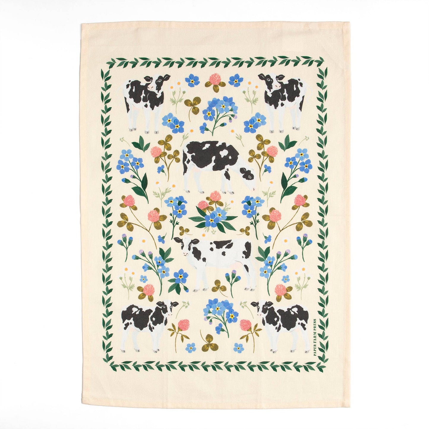 Milk Cows Folk Floral Tea Towel