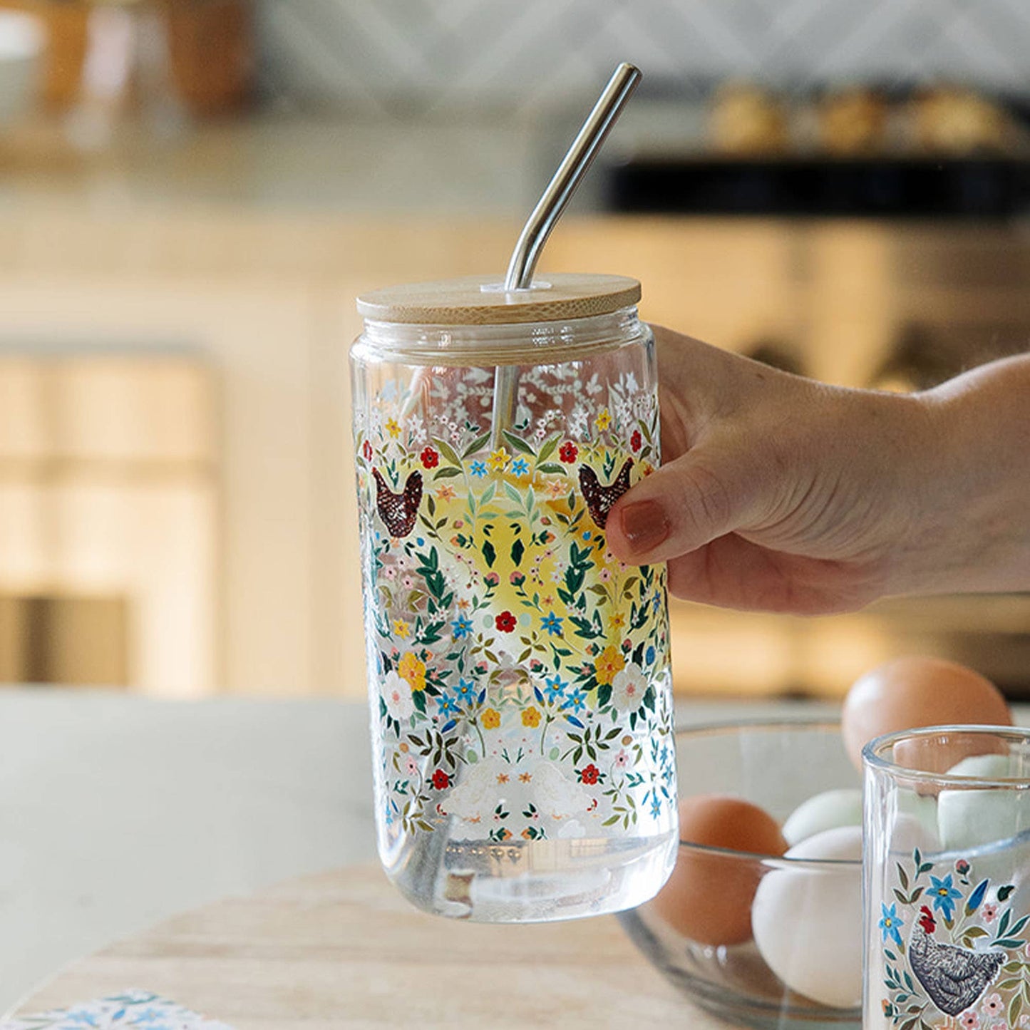 Chickens  & Flowers Glass Can