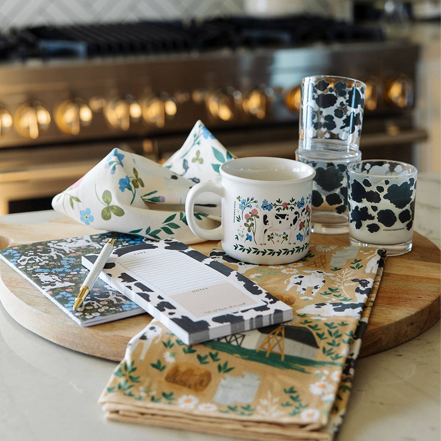 Milk Cows Folk Floral Tea Towel
