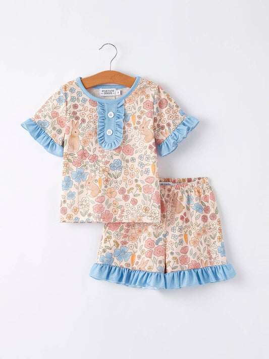 Easter Girls Blue Bunny Floral Print Pajamas Set: 3