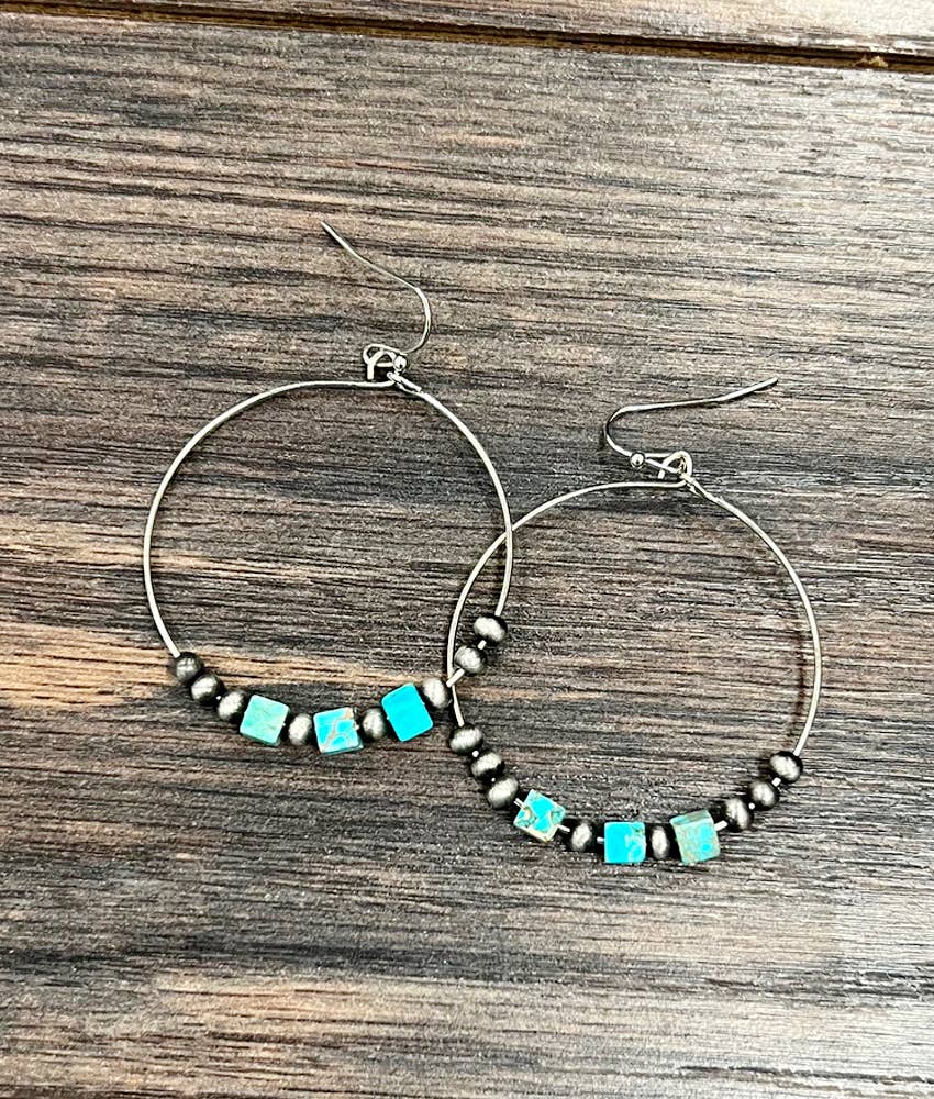 726235, Handmade 1.75" Navajo Square Gemstone Hoop Earrings